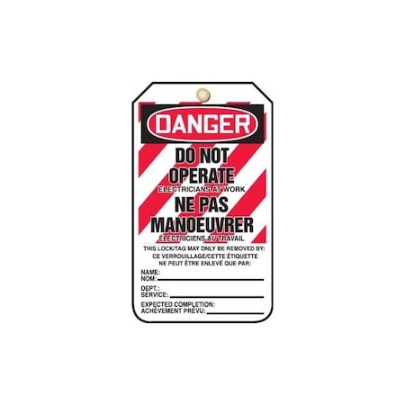 Accuform French Bilingual Safety Tags, DANGER DO NOT OPERATE ELECTRICIANS AT WORK, 5.75in x 3.25in, 25PK TCF210CTP